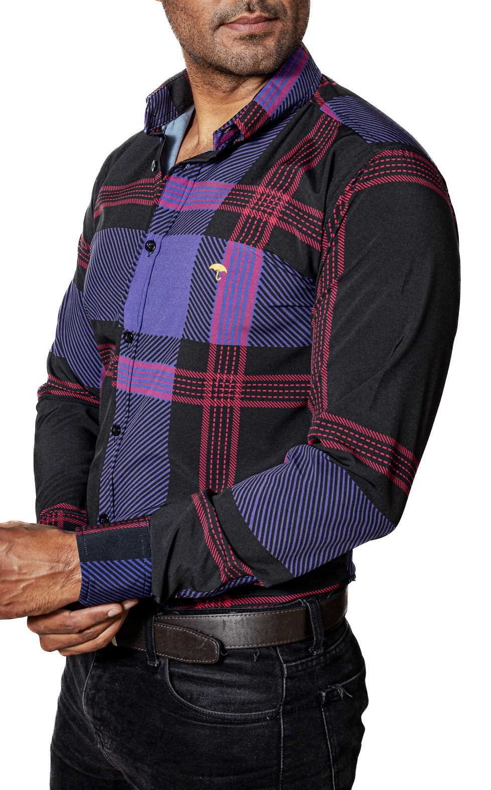 Camisa Hombre Casual Negra Rayas Morada, Roja - Tiendas Platino Camisas Hombre 34 (S)