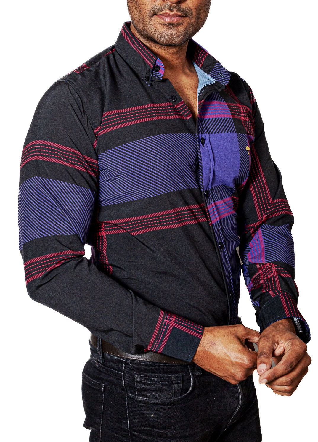Camisa Hombre Casual Negra Rayas Morada, Roja - Tiendas Platino Camisas Hombre 34 (S)