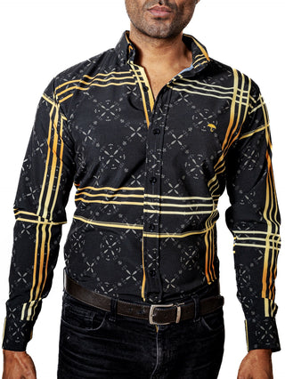 Camisa Hombre Casual Negra Lineas Doradas Figuras