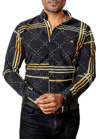Camisa Hombre Casual Negra Lineas Doradas Figuras