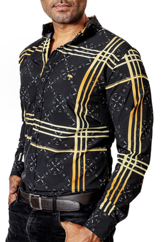 Camisa Hombre Casual Negra Lineas Doradas Figuras