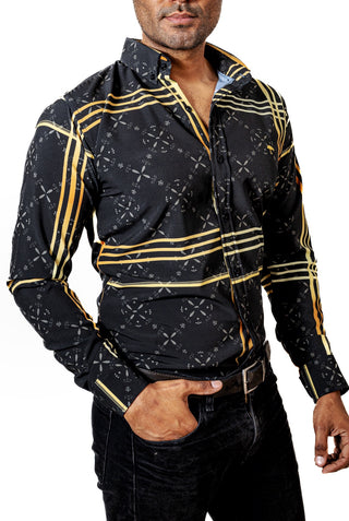 Camisa Hombre Casual Negra Lineas Doradas Figuras