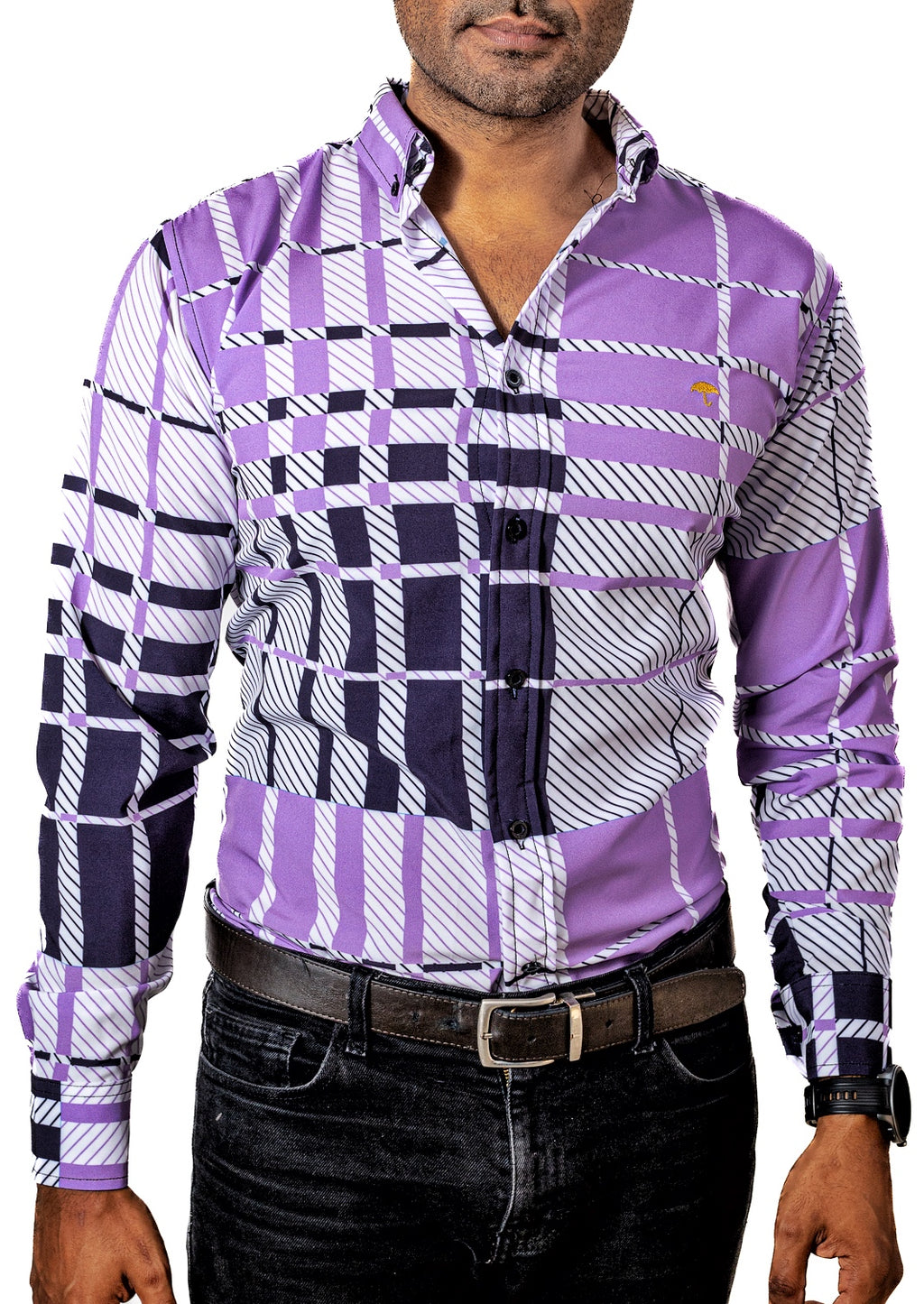 Camisa Hombre Casual Cuadros Morados, Blancos, Negros - 34 (S)-Tiendas Platino