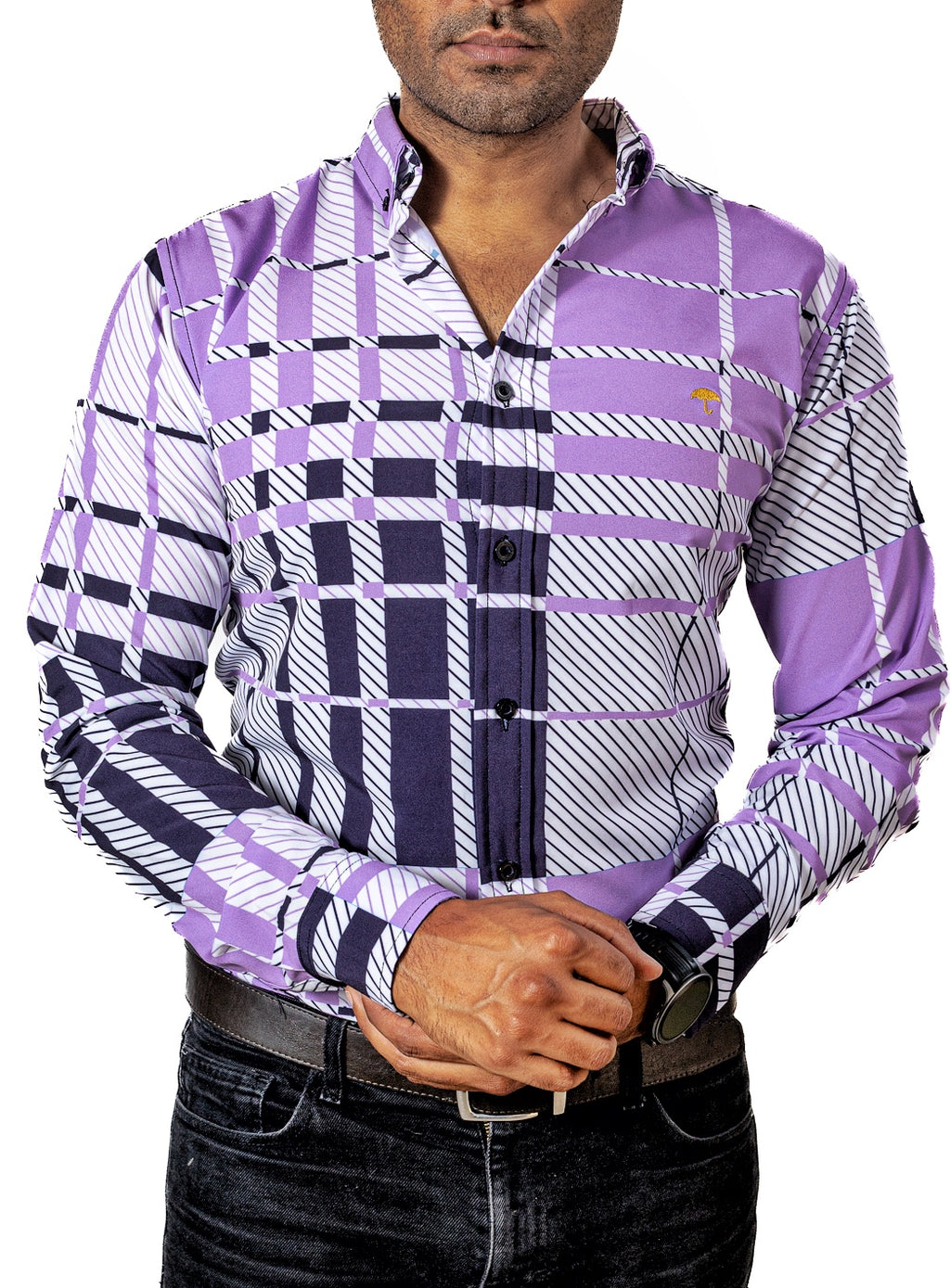 Camisa Hombre Casual Cuadros Morados, Blancos, Negros - 34 (S)-Tiendas Platino