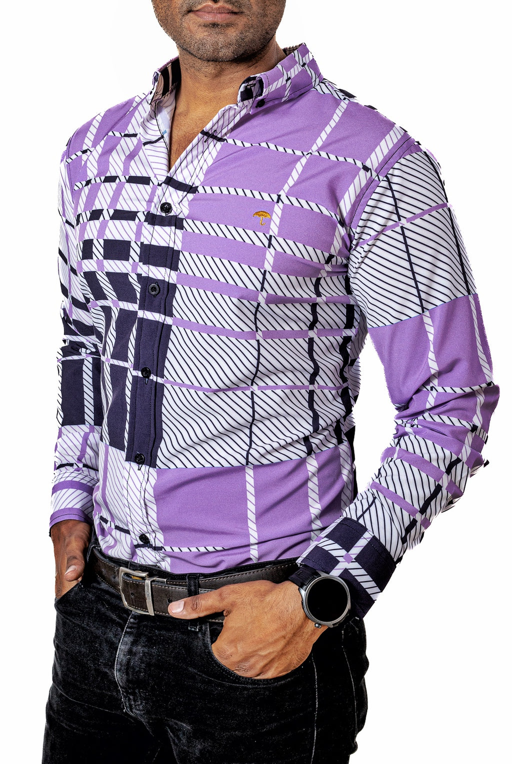 Camisa Hombre Casual Cuadros Morados, Blancos, Negros - 34 (S)-Tiendas Platino