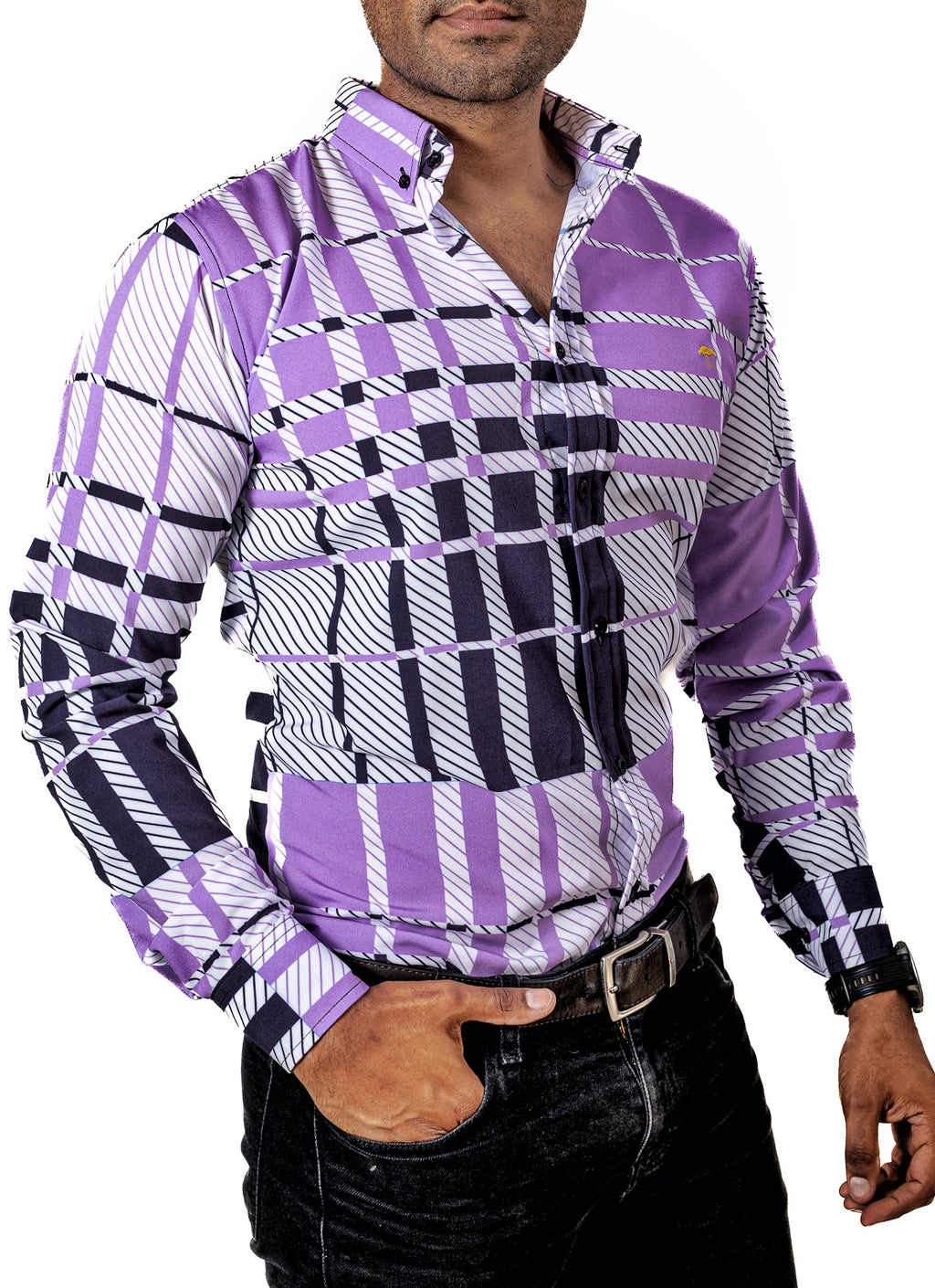 Camisa Hombre Casual Cuadros Morados, Blancos, Negros - 34 (S)-Tiendas Platino