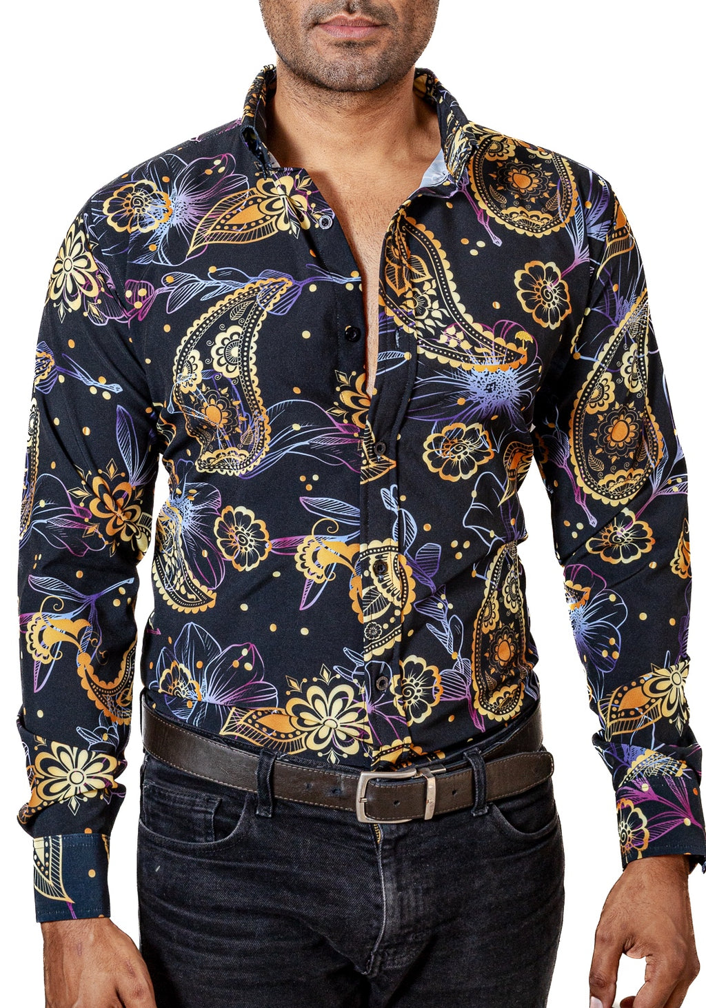 Camisa Hombre Casual Negra Flores Doradas, Purpuras - 34 (S)-Tiendas Platino