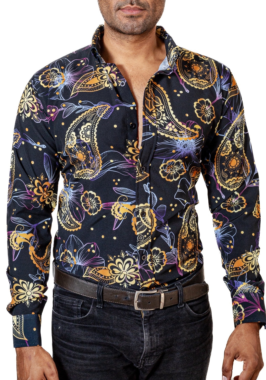 Camisa Hombre Casual Negra Flores Doradas, Purpuras - 34 (S)-Tiendas Platino