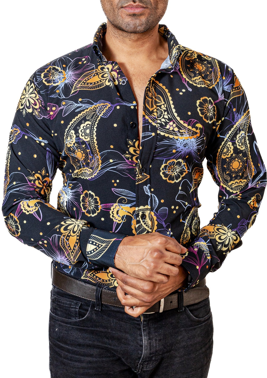Camisa Hombre Casual Negra Flores Doradas, Purpuras - 34 (S)-Tiendas Platino