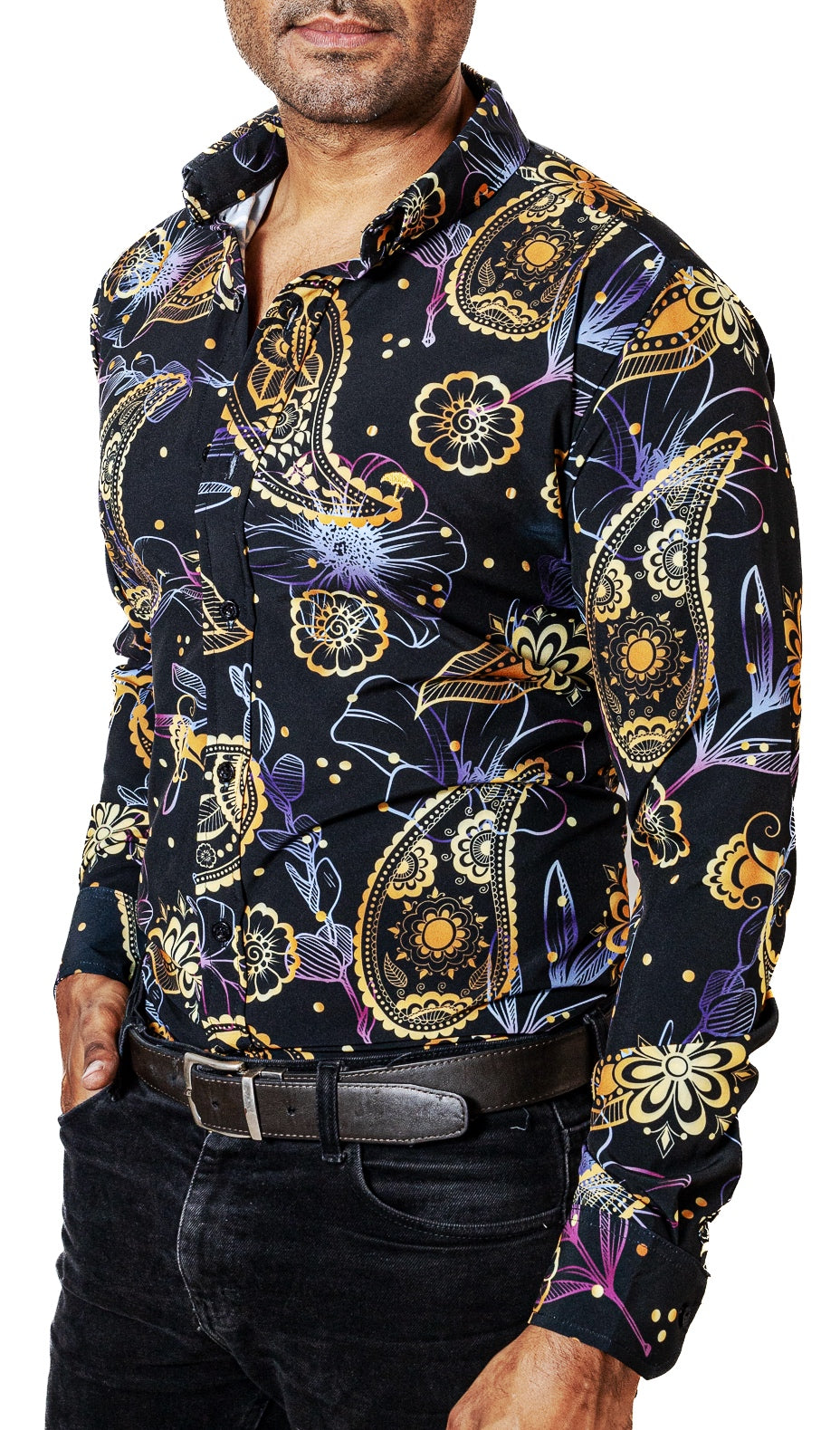 Camisa Hombre Casual Negra Flores Doradas, Purpuras - 34 (S)-Tiendas Platino