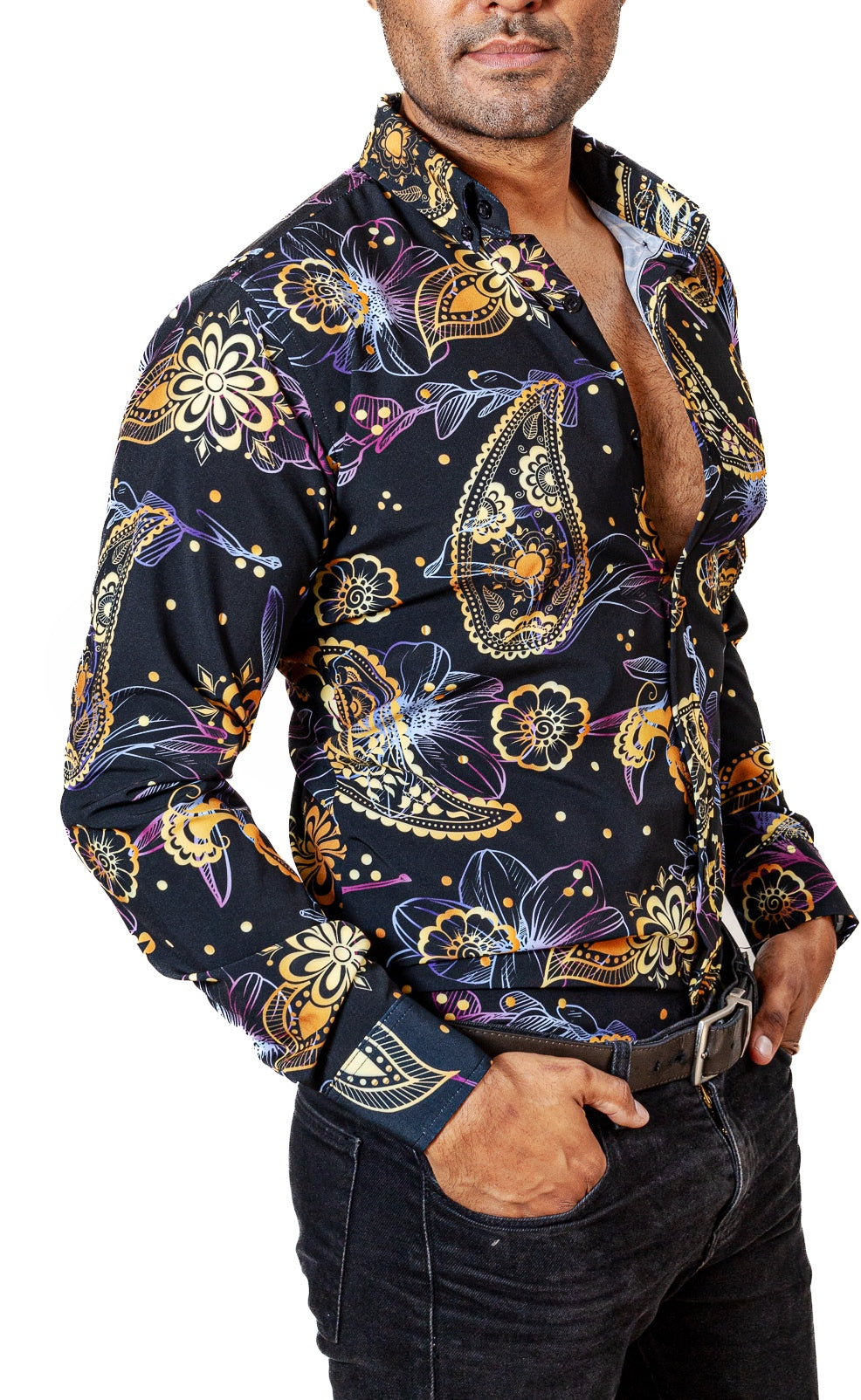 Camisa Hombre Casual Negra Flores Doradas, Purpuras - 34 (S)-Tiendas Platino