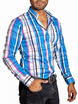 Camisa Hombre Casual Rayas Azules, Blancas, Rosas