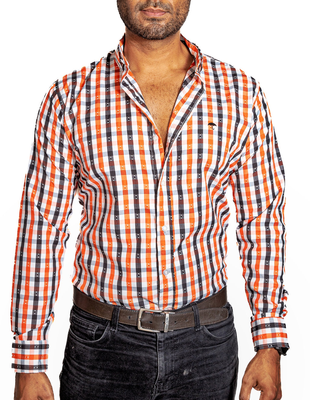 Camisa Hombre Casual Cuadros Naranja, Blancos, Negros - Tiendas Platino Camisas Hombre 34 (S)