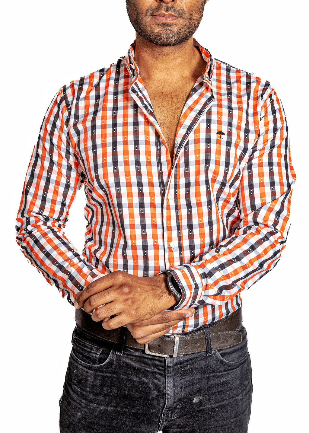 Camisa Hombre Casual Cuadros Naranja, Blancos, Negros - Tiendas Platino Camisas Hombre 34 (S)