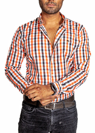 Camisa Hombre Casual Cuadros Naranja, Blancos, Negros