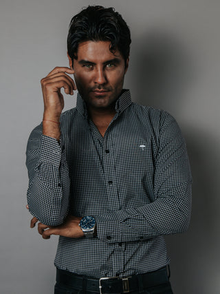 Camisa Casual Hombre, Micro Cuadro Negro Y Blanco