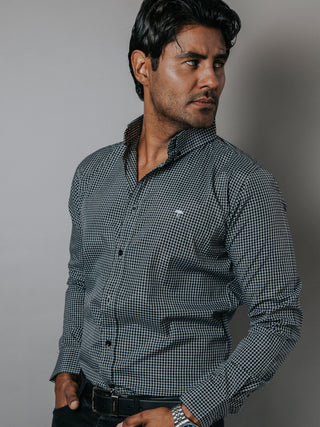 Camisa Casual Hombre, Micro Cuadro Negro Y Blanco