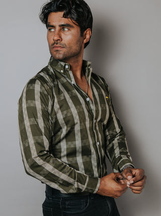 Camisa Casual Hombre,cuadros Verde Y Beige