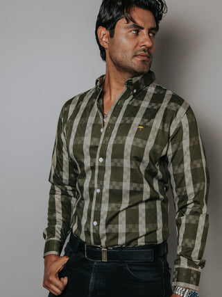 Camisa Casual Hombre,cuadros Verde Y Beige