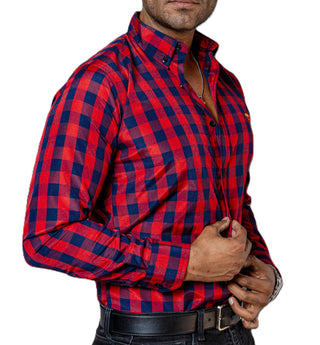 Camisa Hombre Casual Slim Fit Cuadro Grande Rojo Y Azul