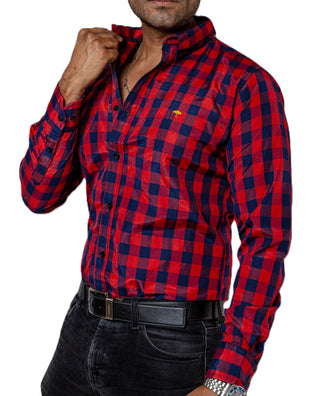 Camisa Hombre Casual Slim Fit Cuadro Grande Rojo Y Azul