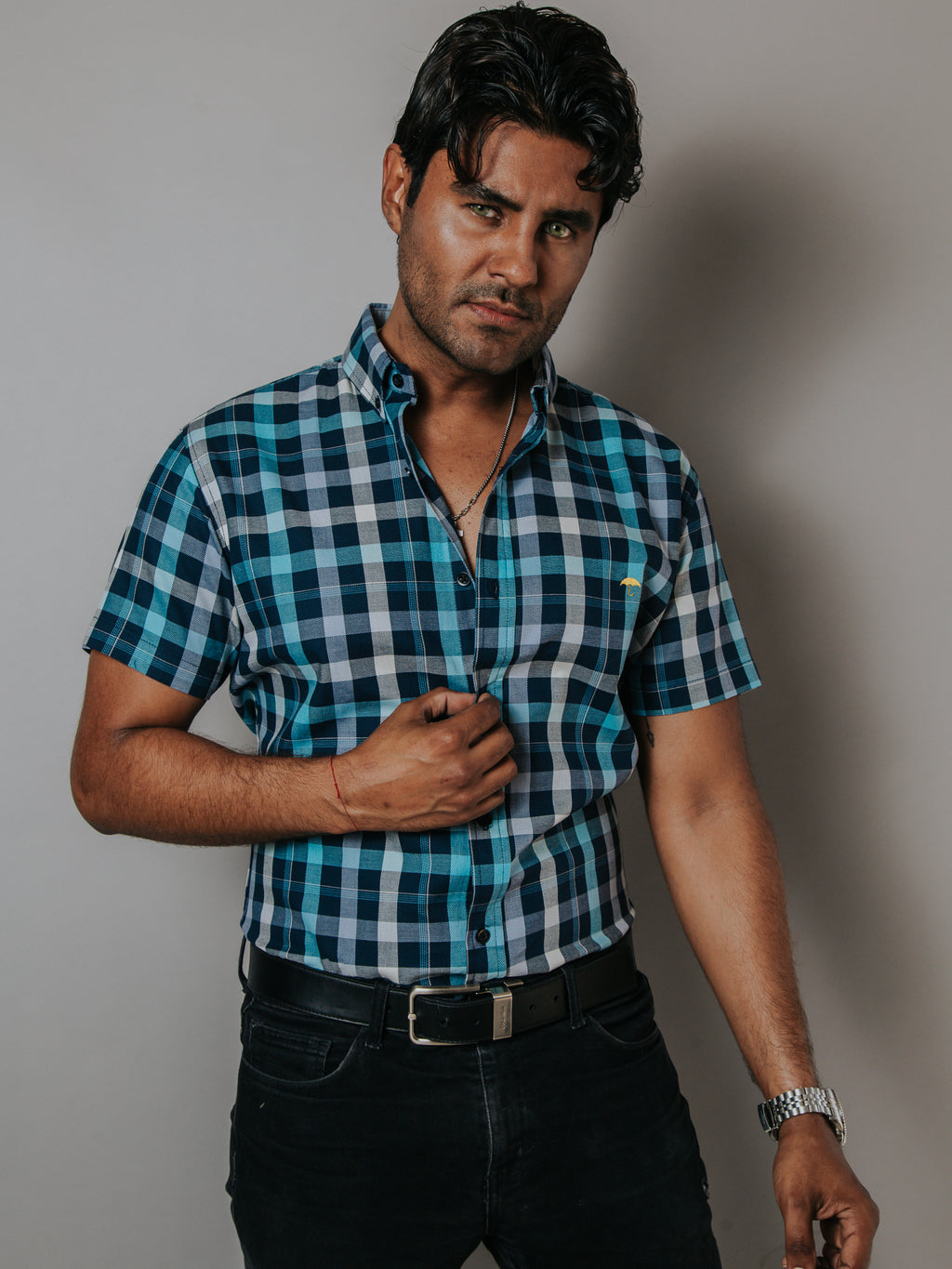 Camisa Casual Hombre, Cuadros Azul Cielo, Beige, Azul Marino