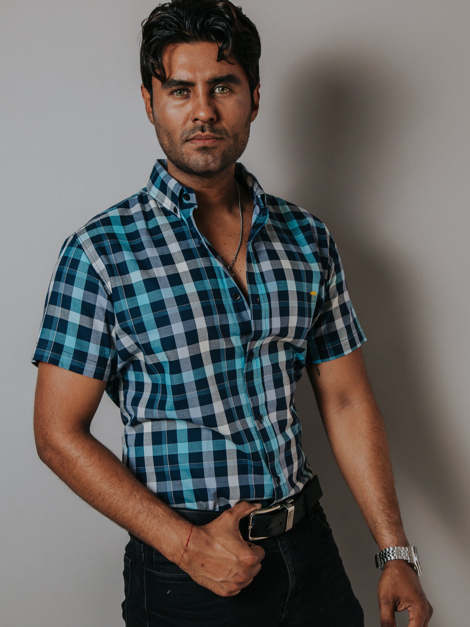 Men's Casual Shirt, Sky Blue, Beige, Navy Blue Checkered