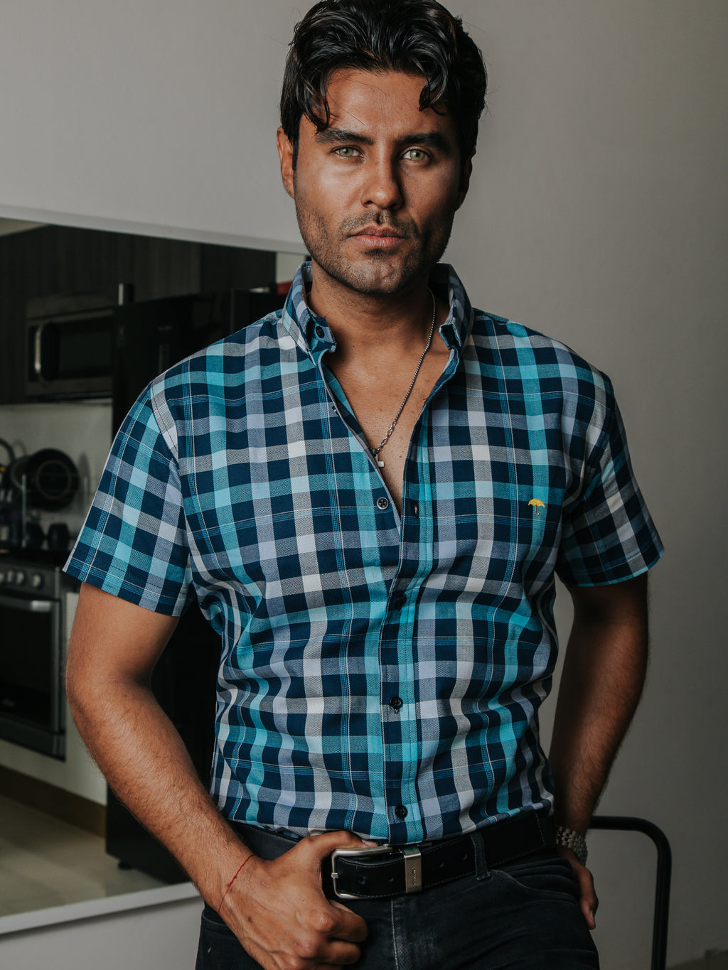 Camisa Casual Hombre, Cuadros Azul Cielo, Beige, Azul Marino