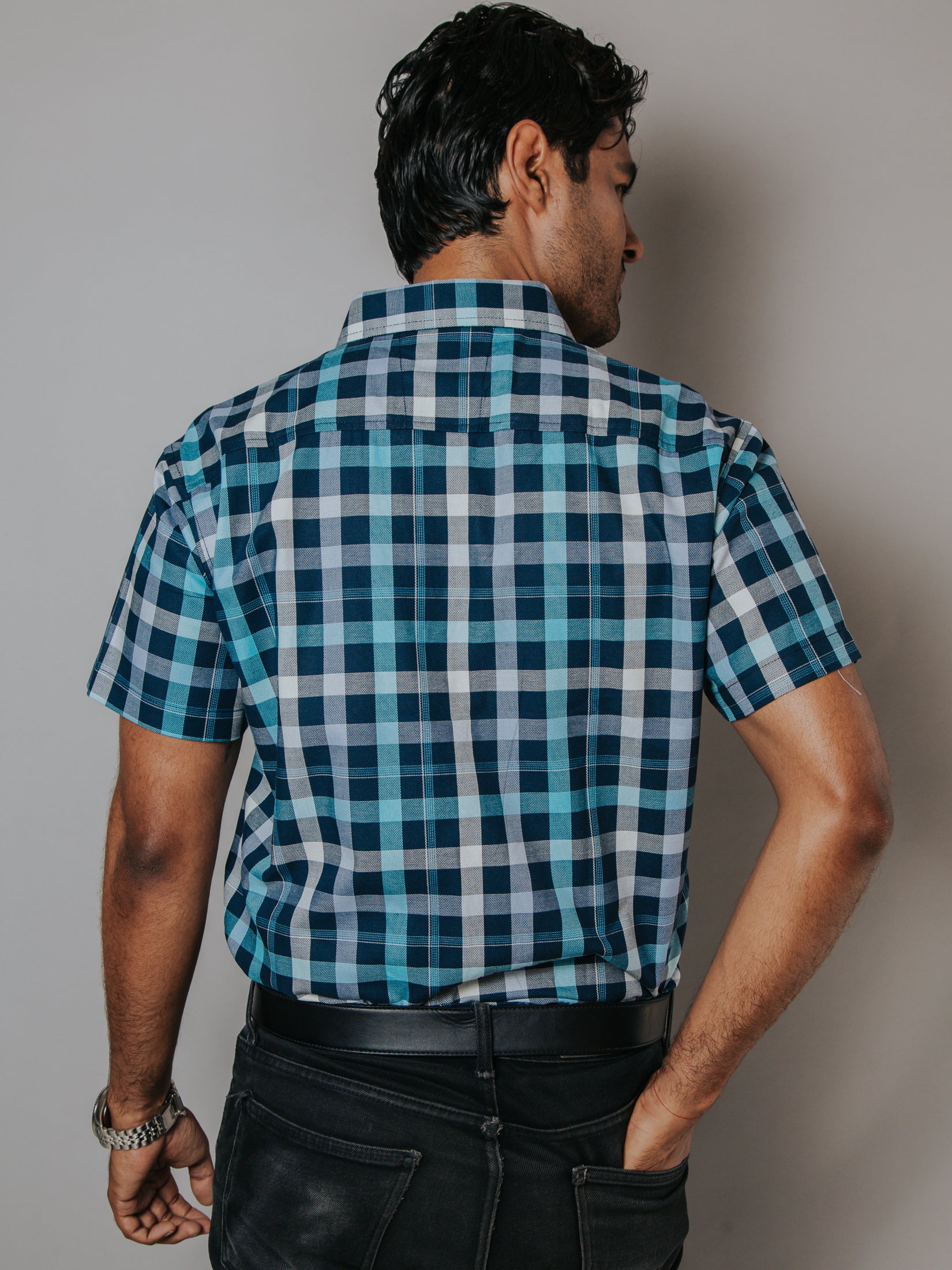 Men's Casual Shirt, Sky Blue, Beige, Navy Blue Checkered