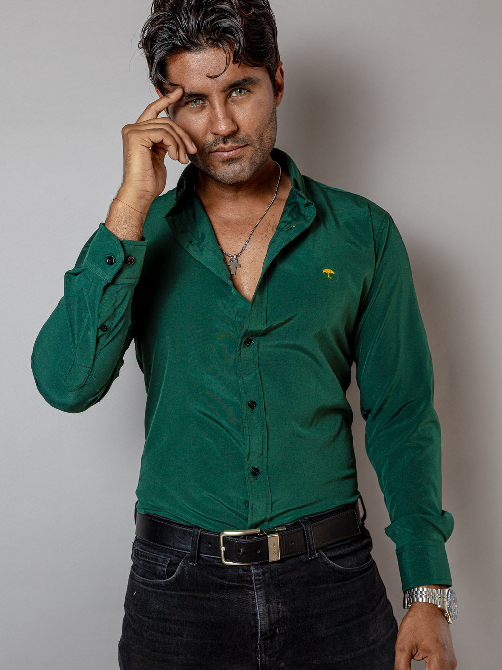 Camisa Hombre Casual Verde Oscuro Lisa