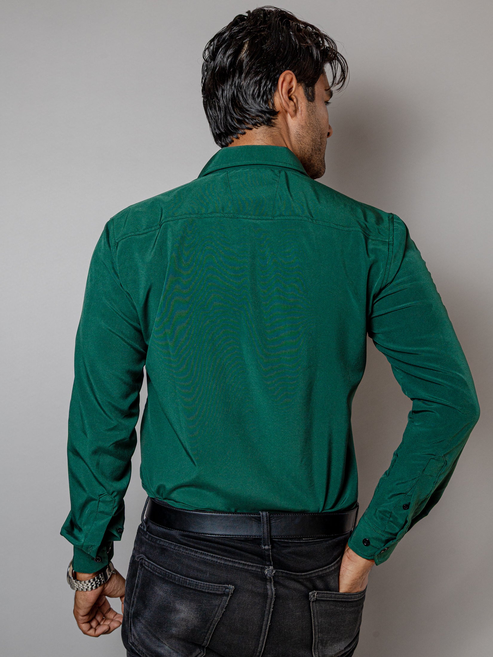 Camisa Hombre Casual Verde Oscuro Lisa