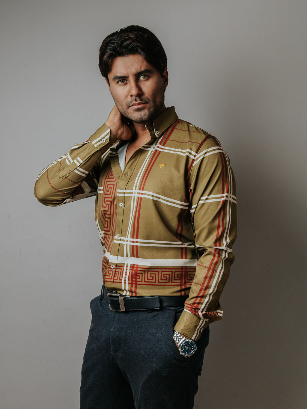 Camisa Hombre Casual Verde Olivo Detalle Griego Marrón y Blanco - 34 (S)-Tiendas Platino