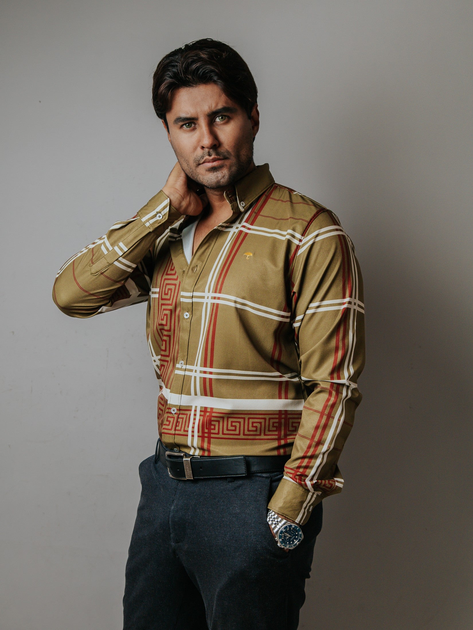 Camisa Hombre Casual Verde Olivo Detalle Griego Marrón y Blanco - 34 (S)-Tiendas Platino