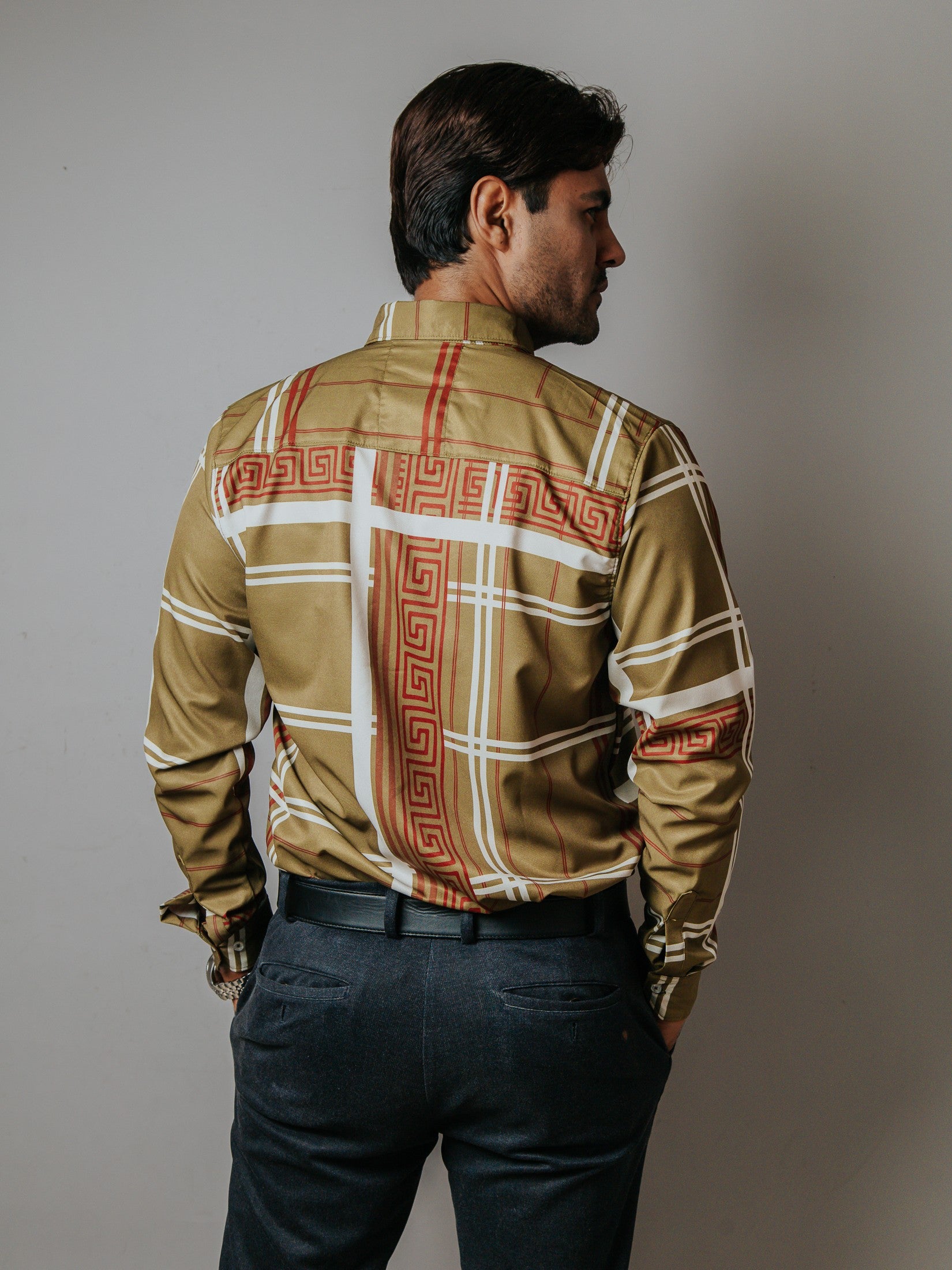 Camisa Hombre Casual Verde Olivo Detalle Griego Marrón y Blanco - 34 (S)-Tiendas Platino