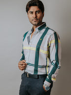 Camisa Hombre Casual Gris Detalles Líneas Amarillo y Rojo