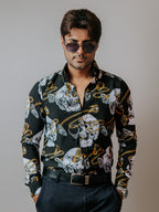 Camisa Hombre Casual Negra Calaveras Blancas Cadenas