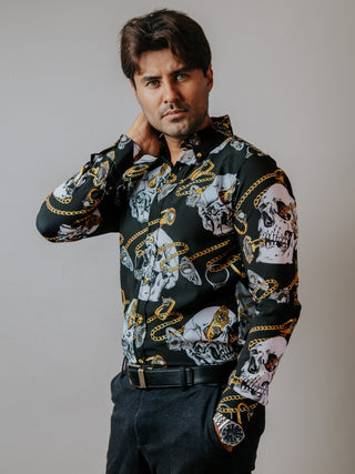 Camisa Hombre Casual Negra Calaveras Blancas Cadenas