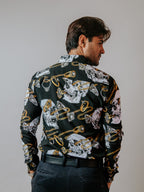 Camisa Hombre Casual Negra Calaveras Blancas Cadenas