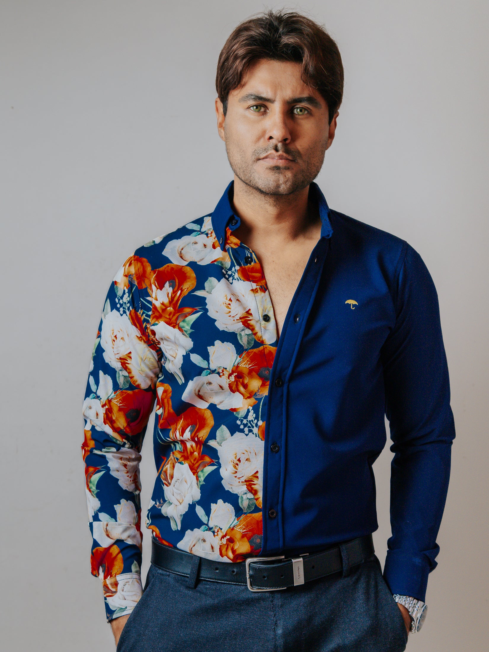 Camisa Hombre Casual Flores Naranjas, Blancas  - Azul Marino