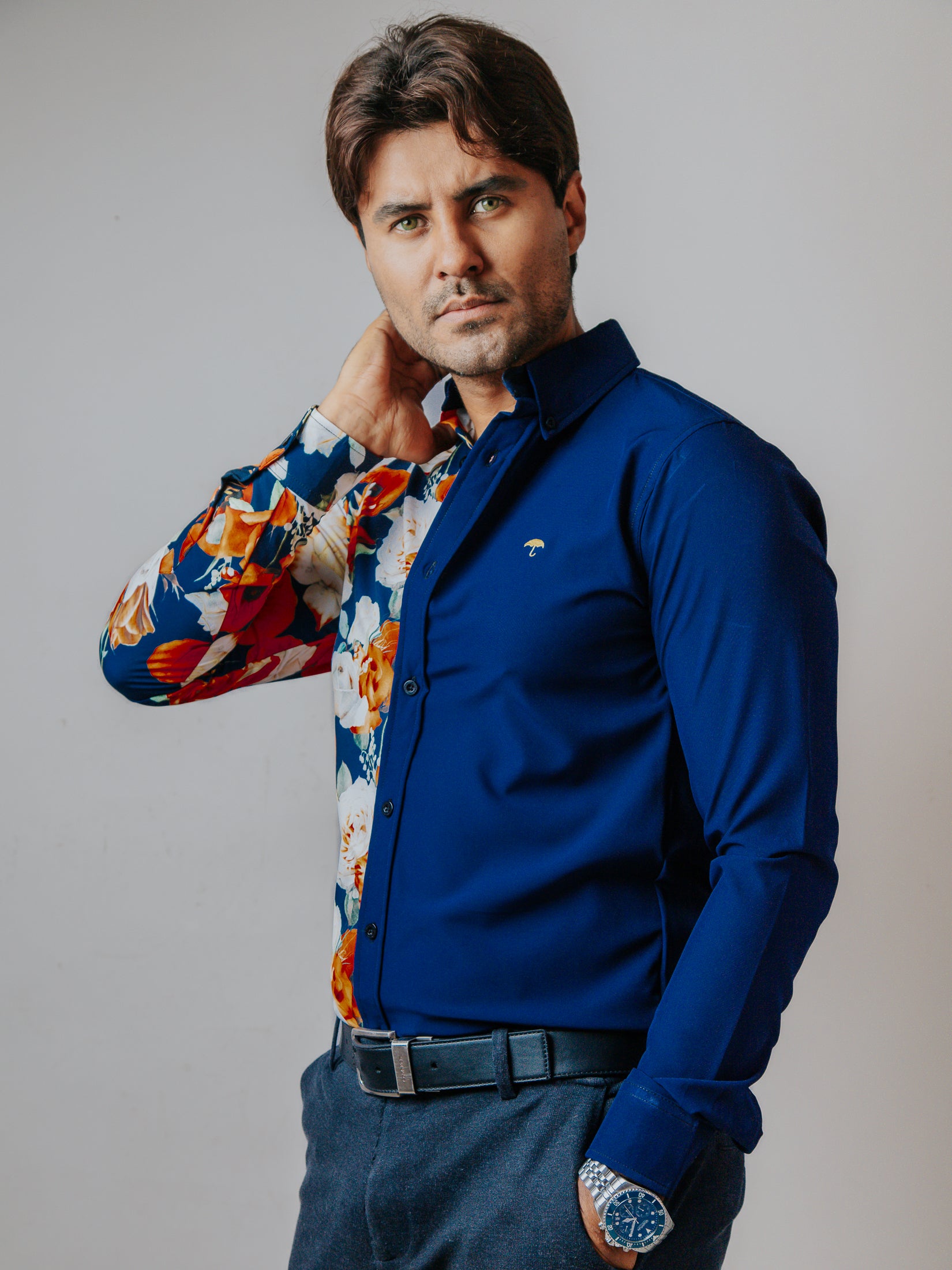 Camisa Hombre Casual Flores Naranjas, Blancas  - Azul Marino