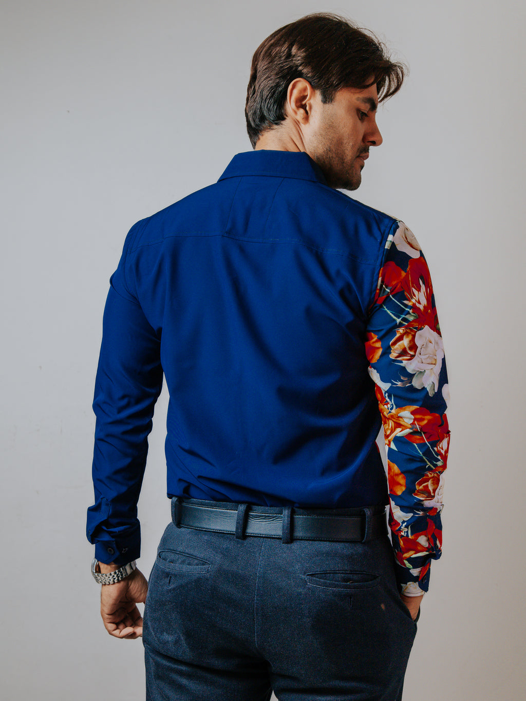 Camisa Hombre Casual Flores Naranjas, Blancas  - Azul Marino