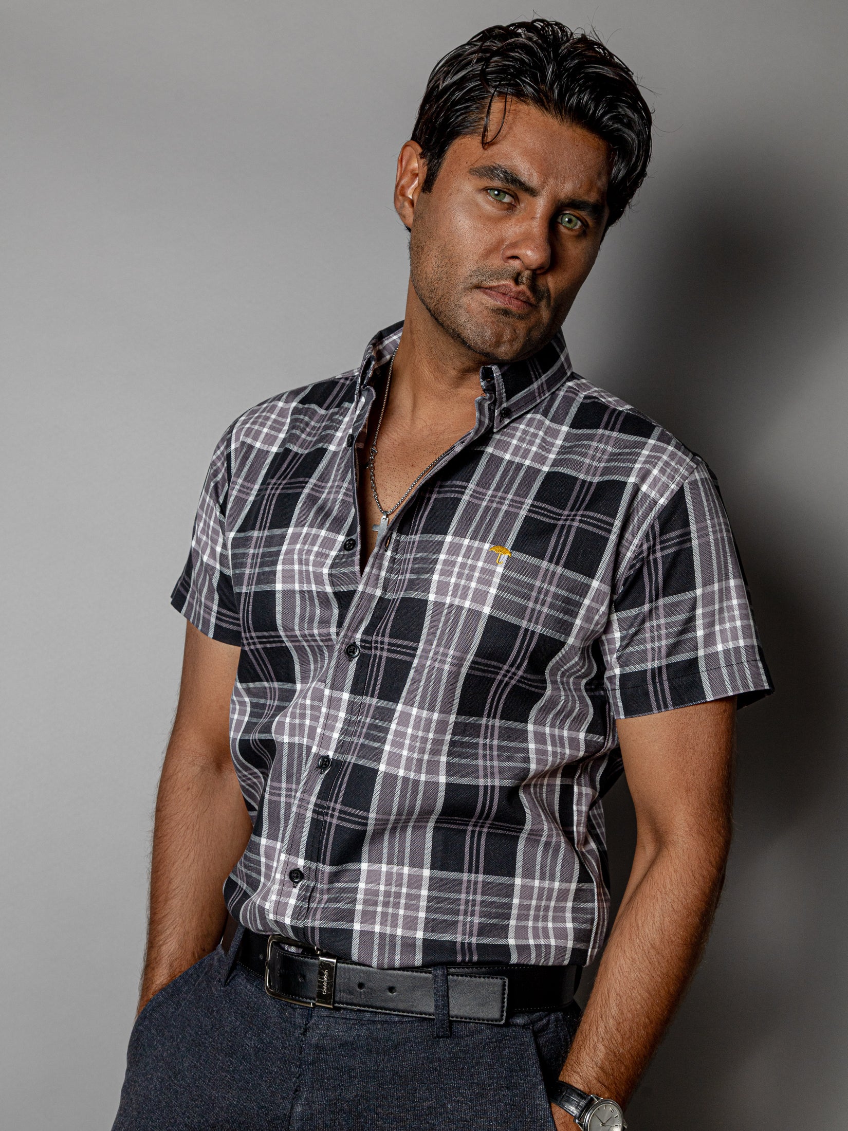 Camisa Casual Hombre Negra Cuadros Gris