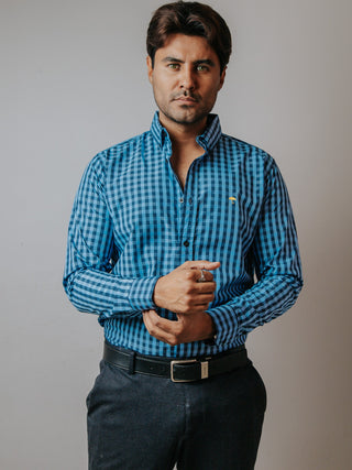 Camisa Hombre Casual Mini Cuadros Azul Rey y Negro