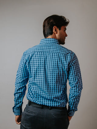 Camisa Hombre Casual Mini Cuadros Azul Rey y Negro