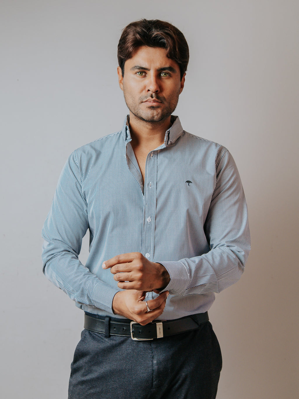 Camisa Hombre Casual Microcuadro Azul Marino