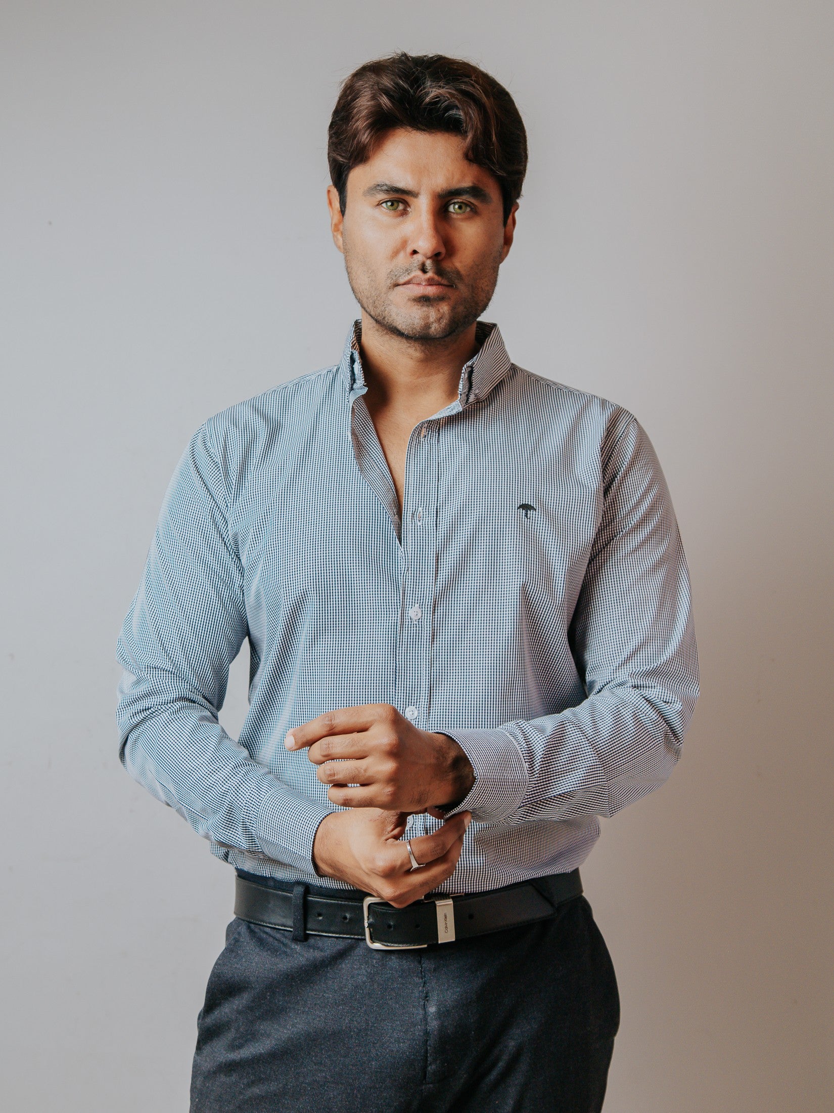 Camisa Hombre Casual Microcuadro Azul Marino