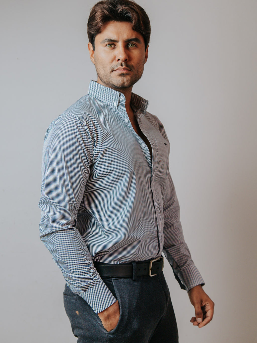 Camisa Hombre Casual Microcuadro Azul Marino