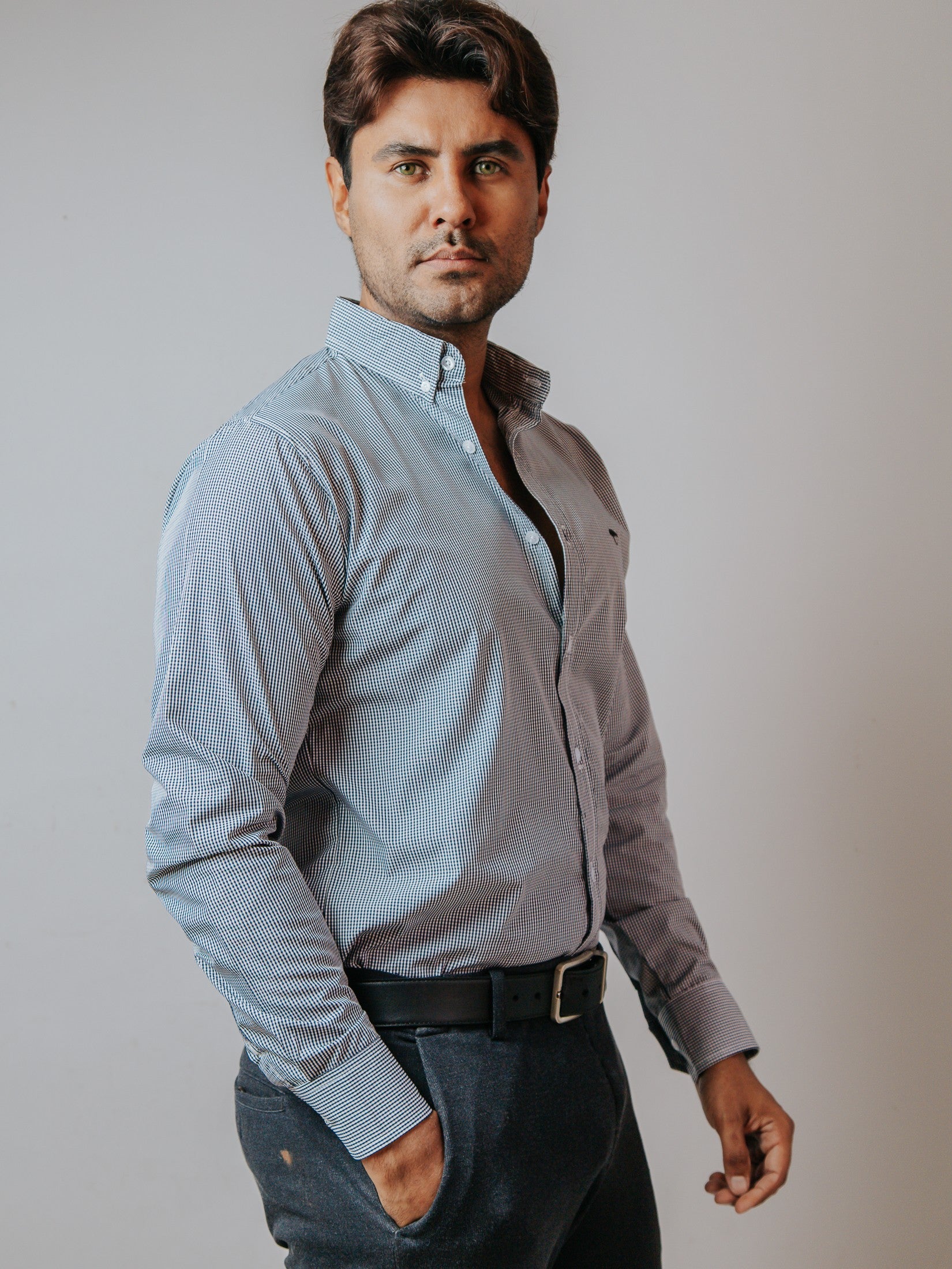 Camisa Hombre Casual Microcuadro Azul Marino