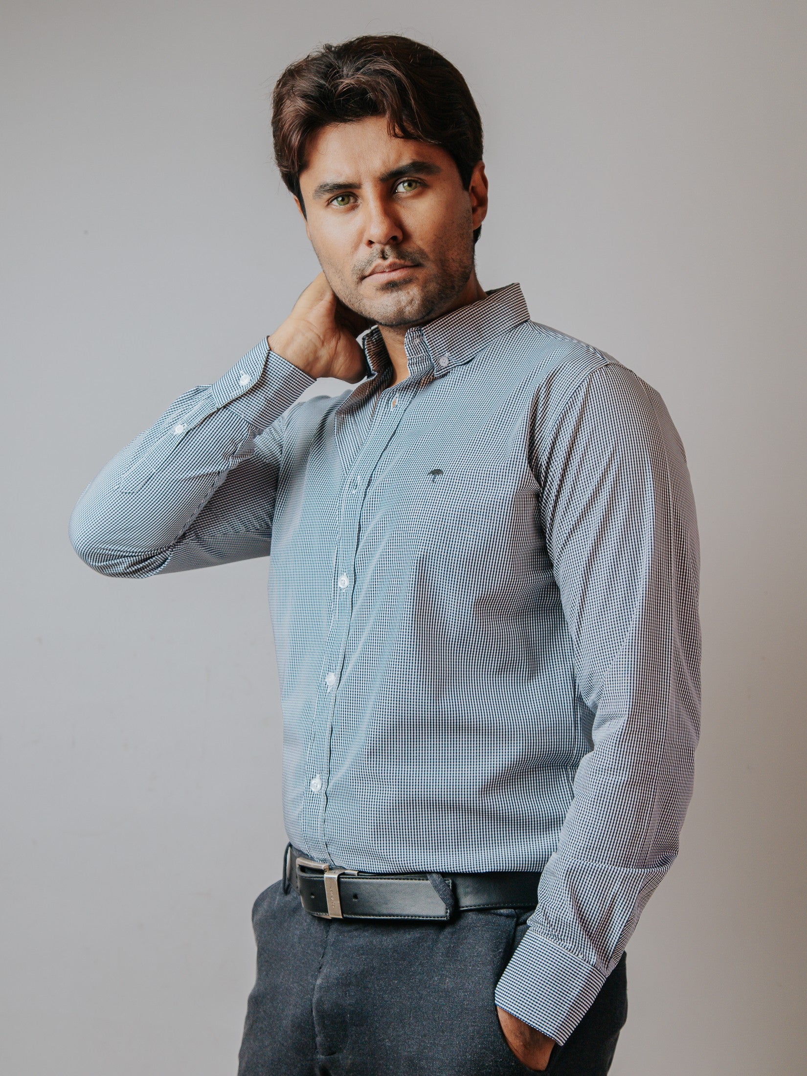 Camisa Hombre Casual Microcuadro Azul Marino