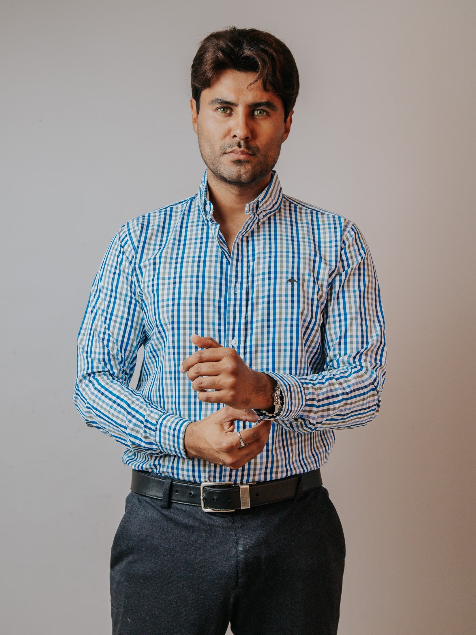 Camisa Hombre Casual Cuadros Azul Cielo Gris y Azul Marino